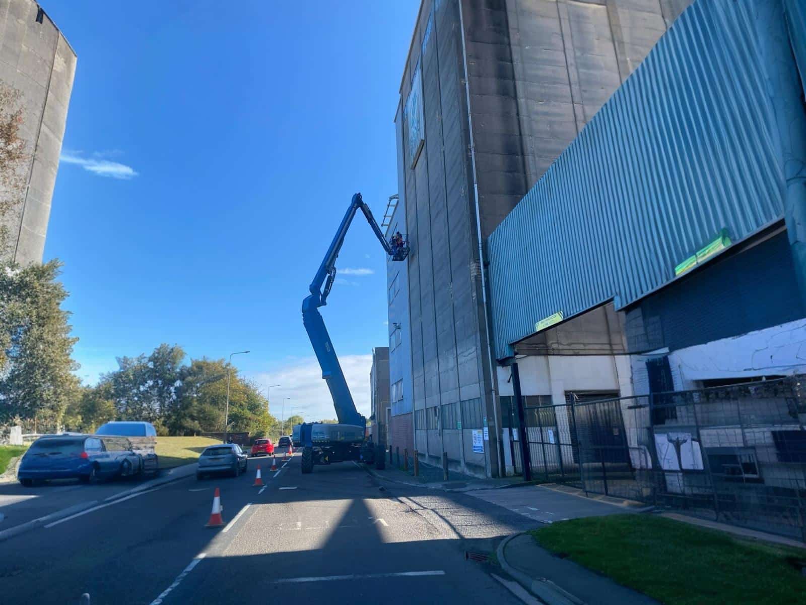 Aerial view of concrete inspection services in action at Selby Flour Mill, showcasing MEWP access solution