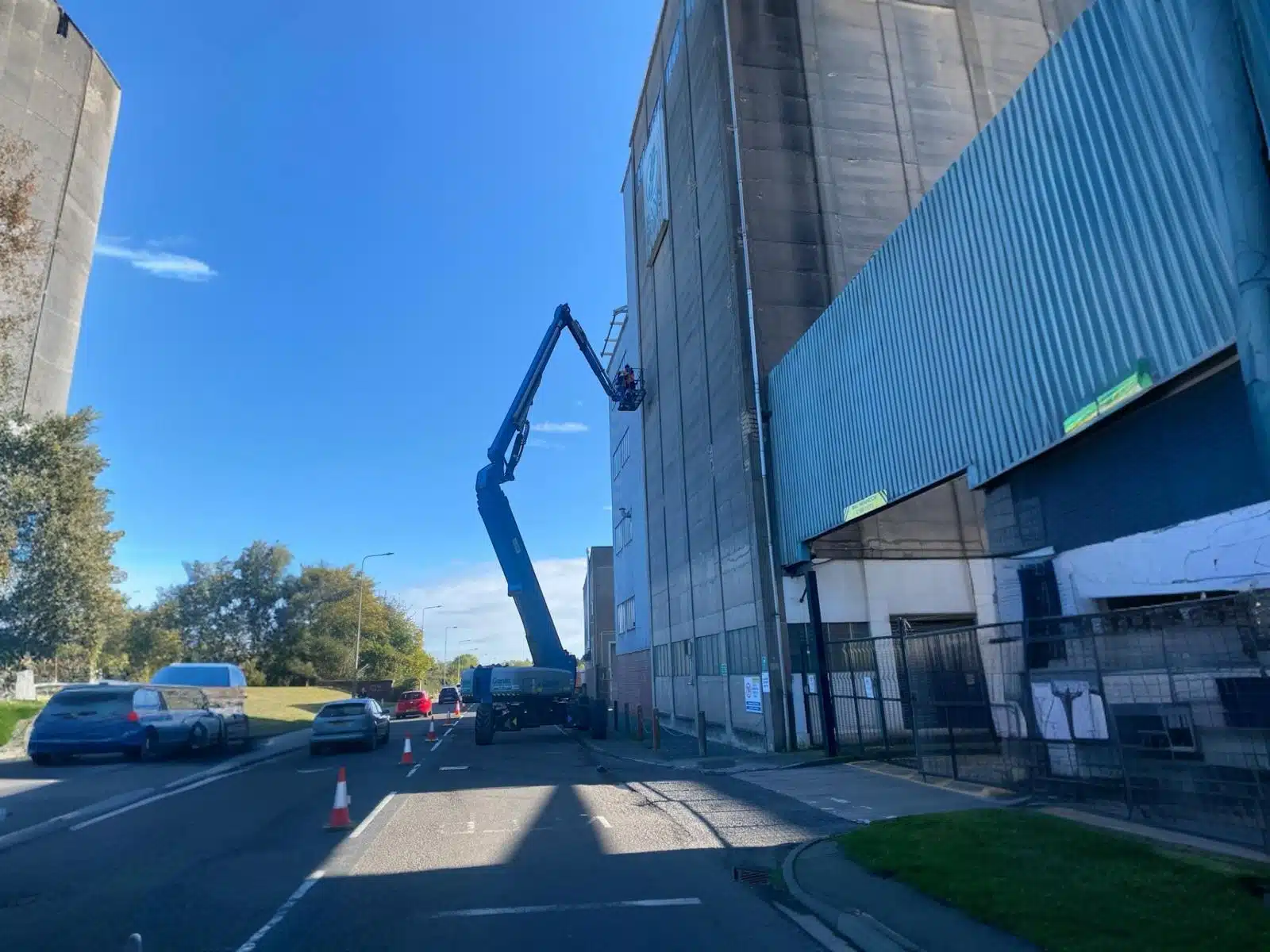 Aerial view of concrete inspection services in action at Selby Flour Mill, showcasing MEWP access solution
