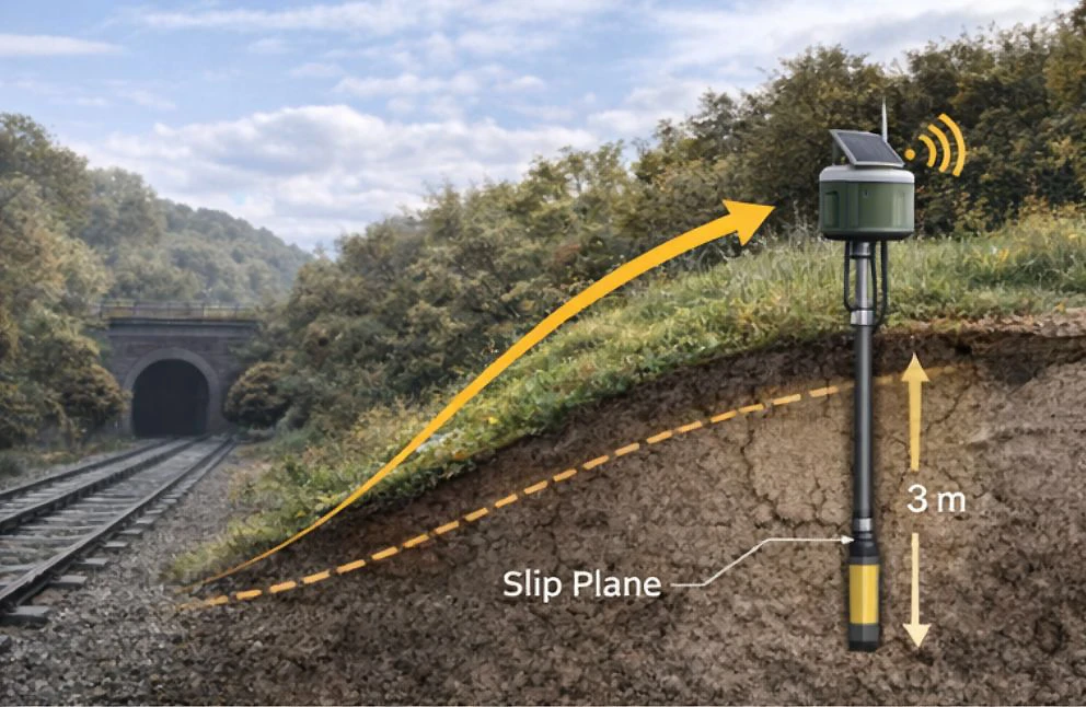 Cross-section diagram of Structural Repairs' active embankment monitoring prototype installed on a steep railway embankment. The solar-powered unit features a 3-meter deep probe intersecting a dashed line labeled 'Slip Plane,' with a wireless icon indicating real-time data transmission for slope stability.